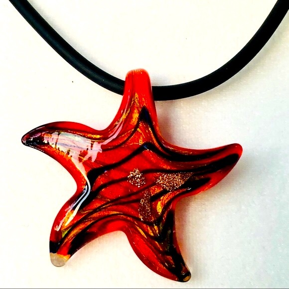 ⭐️Murano Glass⭐️Red Gold Star Glass Pendant Necklace Handcrafted Women's Jewelry - Picture 5 of 7
